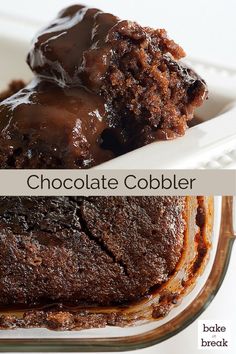 chocolate cobbler cake in a glass dish on a white plate with the title above it