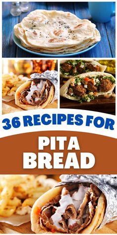 the recipe for pita bread is shown in three different pictures, including one with meat and