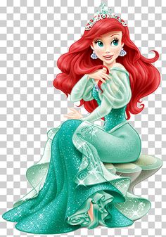 the little mermaid is sitting on top of a stack of books, with her long red hair