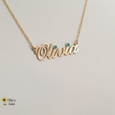 🌻 Two Birthstone 14K Name Necklace - Olivia Style 🌻 11mm Tall Capital 🌻 Please send the second birthstone choice in the personalization box with the name 🌻 Olivia Photo shows 2 gram twist chain 🌻You can choose your chain length and type at checkout - price varies 🌻 Production Time is 7-14 working days 🌻 Please upgrade your shipping if you would like to expedite delivery Olivia Name Wallpaper, Olivia Name, Name Necklaces, Name Photo, Name Wallpaper, Personalized Gifts For Kids, Plate Necklace, Name Design, Name Necklace