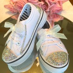 Custom Made Bling Kids Rhinestone Sneakers: Brand New !! 1 - Pair Of Custom Made Kids Canvas Sneakers - Rhinestones Are Hand-Placed One At A Time With Industrial Strength Glue. - Rhinestones Are Glass Ab, Rainbow Of Colors - These Stones Are Very Shimmery And Sparkly - Size 5/6,Please See Photos For Measurement - Canvas Body, Rubber Toe And Sole - Slip On Shoes, The Shoelaces Are Stretch, So No Tying! Bow Is Decorative And Will Not Need To Be Tied . Handcrafted With Love I Put A Lot Of Love And Rhinestone Sneakers, Kids Canvas, Bling Shoes, Canvas Sneakers, Toddler Shoes, Sneakers White, White Silver, On Shoes, Slip On Shoes