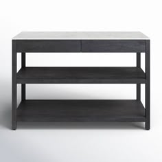 a black table with two shelves on each side and one shelf below it, against a white background