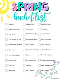 a spring bucket list with flowers and sun in the background