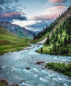 a river running through a lush green valley under a cloudy sky with mountains in the background