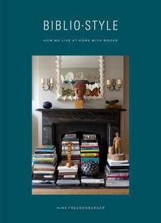 a book with an image of a fireplace and bookshelf in front of it