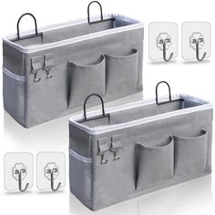 two gray storage bins with handles and hooks