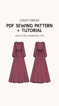 the front and back view of a sewing pattern for a dress with long sleeves, gathered waist