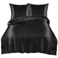 black satin bedding set with two pillows and one pillowcase on the left side