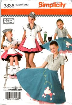 50S DINER POODLE SKIRT, SHIRT, PETTICOAT, HAT AND APRON COSTUME SEWING PATTERN | CAR HOP  SIZE 3 4 5 6, HAT IS 3 SIZES TODDLER GIRL UNISEX ORIGINAL SIMPLICITY 3836 (NOT PDF) C 2007 ✨POODLE SKIRT ✨PETTICOAT ✨SHIRT ✨APRON ✨HAT 50s DINER WAITRESS / CAR HOP COSTUMES / WAITRESS COSTUME / ROLLER SKATING CAR HOP WAISTRESS PATTERN IS UNCUT WITH FACTORY FOLDS. Waitress Costume, Girls Poodle Skirt, 1950s Poodle Skirt, Diner Waitress, Poodle Skirt Costume, Halloween Costume Sewing Patterns, Waitress Outfit, Car Hop, Apron Sewing Pattern