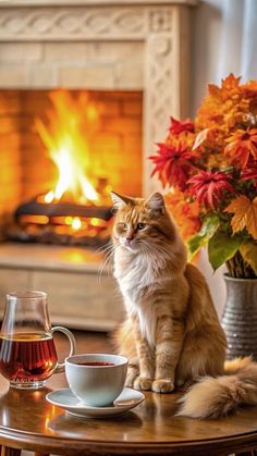 a cat sitting on a table next to a cup of tea