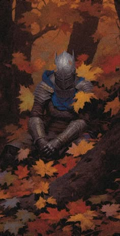 a painting of a knight sitting in the woods surrounded by autumn leaves and maples