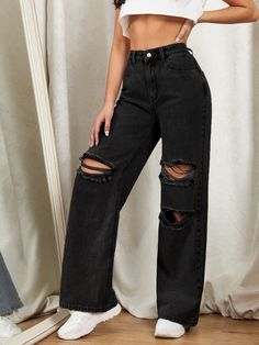 Wide Leg Pants Jeans, Outfits Con Jeans, Casual Denim Pants, Moda Jeans, Black Ripped Jeans, Outfit Jeans, Jeans Casual