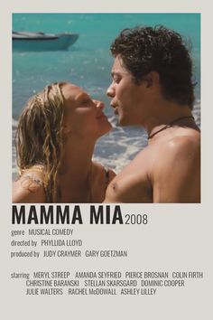 a movie poster for mamma mia 2008 with two people kissing each other on the beach