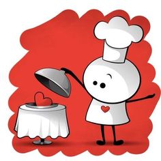 a cartoon chef with a heart on his hat and holding a ladle over a table