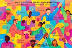 a colorful poster with people holding hands in different colors and patterns on the front, along with text that reads equitily, diversity and belonging for a