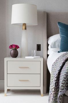 a bedroom with a white bed and two nightstands