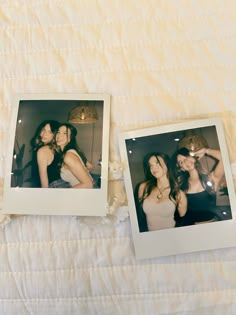 two polaroid photos of women sitting on a bed