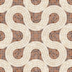 a mosaic tile pattern with circles and dots in brown, white and tan colors on a beige background