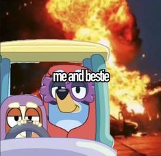 an animated cartoon with the caption me and bestie in front of a fire