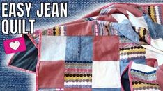 an easy jean quilt is shown with the words easy jean quilt written in pink and blue