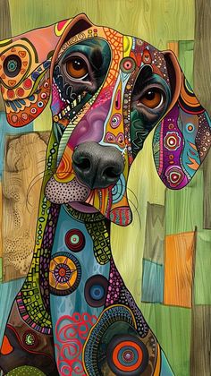 a painting of a dog with colorful patterns on it's face and chest, sitting in front of wood planks