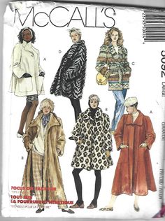 "McCall's 5092; ©1990;  \"Misses' Coat. Lined and Unlined Coats in Three Lengths. Views A and C: unlined. Views B and D: lined. Views A and B: tent shaped, front button. Views C and D: straight fitting, shawl collar. View C: tie belt, shawl collar.  Lined headband included.\" Pattern is uncut and in factory folds. Fits ~~ Large Sizes 18 - 20 Bust 40 - 42 Waist 32 - 34 Hip 42 - 44 Envelope corners creased, bottom corners have tears." Dress Coat Pattern Sewing, Pailin, Coat Pattern Sewing, Jacket Pattern Sewing, Mccalls Sewing Patterns, Winter Outerwear, Couture Vintage, Mccalls Patterns, Coat Patterns