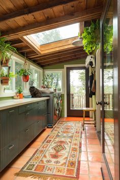 a kitchen with an area rug on the floor and potted plants hanging from the ceiling