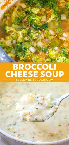 broccoli cheese soup in a white bowl with a spoon