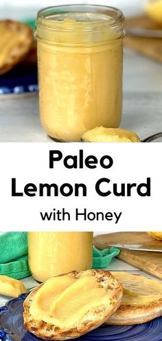 paleo lemon curd with honey in a jar on a blue plate next to bread