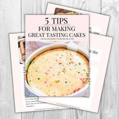 the front and back covers of 5 tips for making great tasting cakes, including cake mix