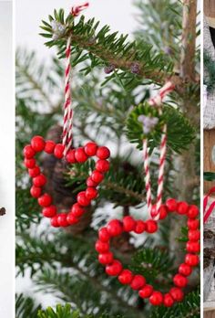 christmas ornaments are hanging from the tree and on the ground, along with other decorations