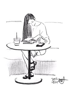 a drawing of a woman sitting at a table with a book and cell phone in her hand