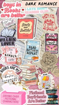 some stickers that are on the side of a book cover with words and pictures