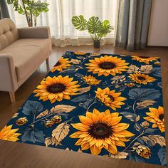 sunflowers and bees on blue area rug in living room