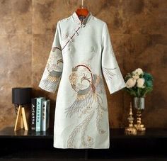 Premium Quality Mandarin Collar Dress Women Cheongsam Qipao Asian Style 3/4 Sleeve Phoenix Peony, Stunning Womens Dresses Qipao Dress Plus Size, Qipao Plus Size, Mandarin Collar Dress, Plus Size Pants, Kimono Dress, Pearl Buttons, Asian Style, Inspired Dress