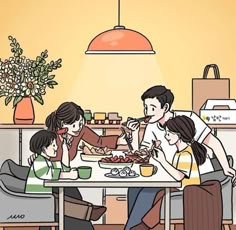 a family is eating dinner at the table