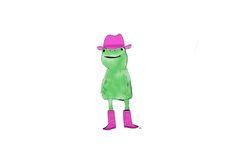 a drawing of a green frog wearing pink boots and a pink cowboy hat, standing in front of a white background