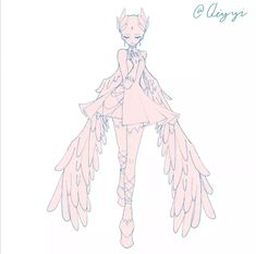 a drawing of a girl with wings on her body and arms, standing in front of a white background