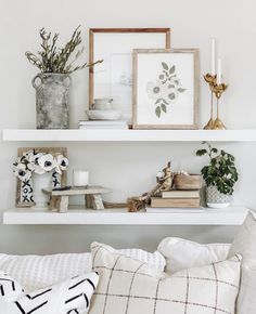 two white shelves with plants and pictures on them