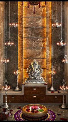 the interior of a temple with candles and decorations