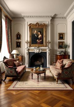 Old Money Living Room English Tudor Homes Interior Living Room, Gold Vintage Living Room, Gilded Age Home Decor, Estate Home Interior, Craftsman Style Living Room Ideas, Old Style House Interiors, Victorian Style Living Room Ideas, Room With Fireplace Decor, Old Houses Interior