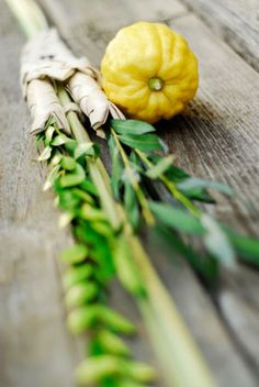 a lemon sitting on top of a wooden table next to some green leaves and stems