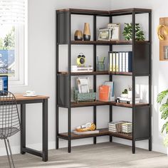 a room with a desk, chair and bookshelf