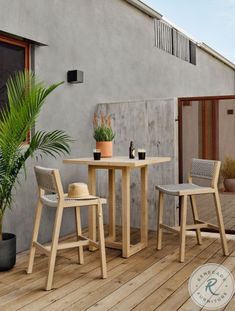 two chairs and a table on a wooden deck with a potted plant next to it