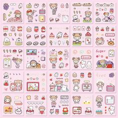 an assortment of hello kitty stickers on a pink background