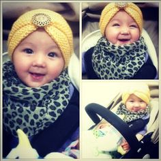 three pictures of a baby wearing a yellow hat and scarf with an animal on it