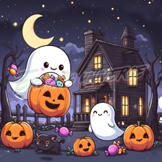 halloween scene with ghost and pumpkins in front of a house