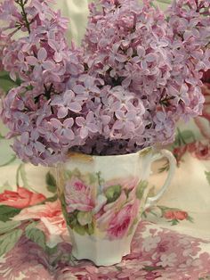 lilacs in a teacup on a tablecloth