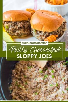 two cheese steak sloppy joes in a slow cooker with the title above it