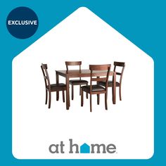 a dining table and chairs with the words at home above it on a blue background